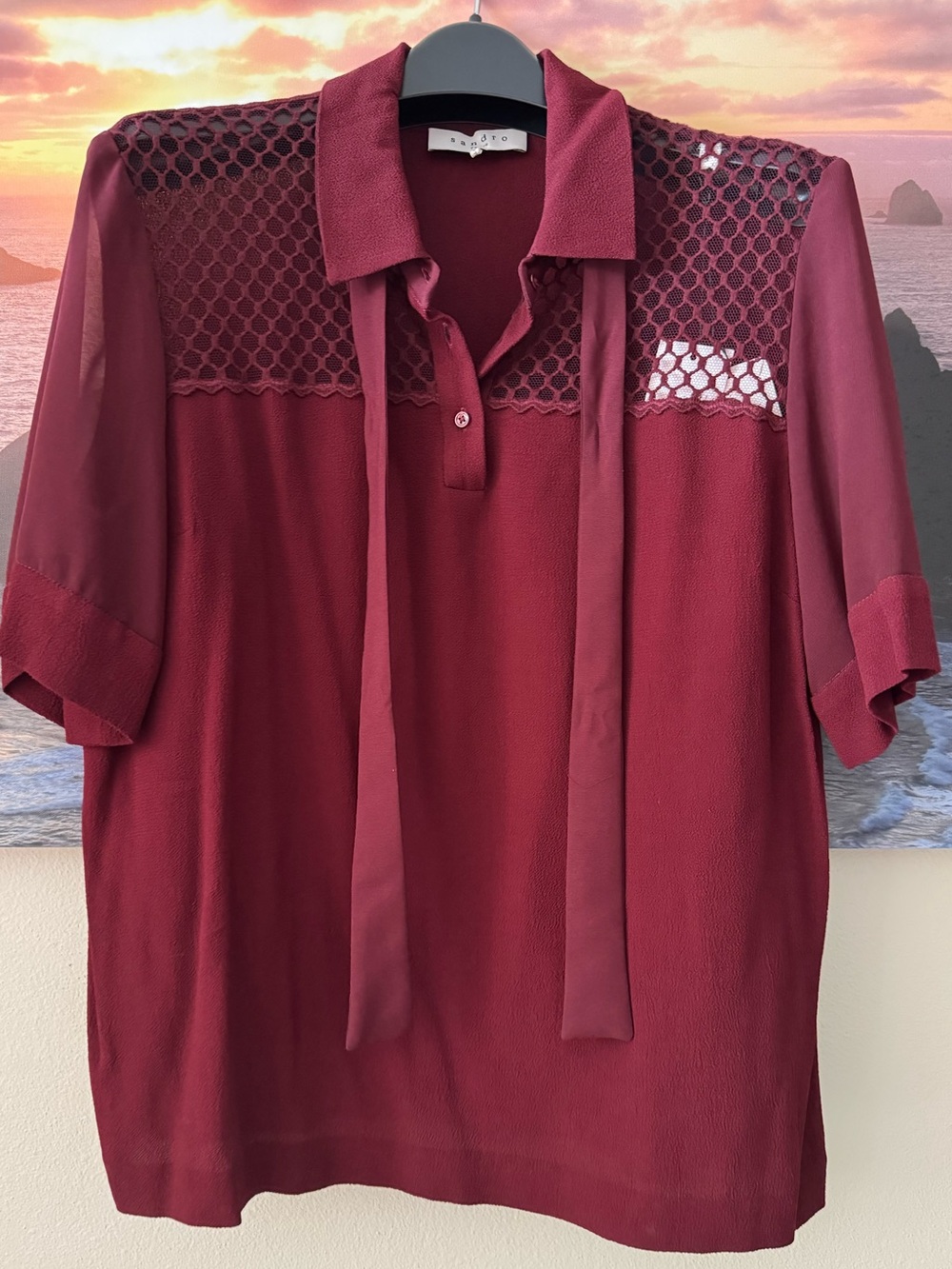Sandro Evora Sheer Lace Burgundy Short-Sleeve Polo Blouse with Tie Neck/3/M/ NWT